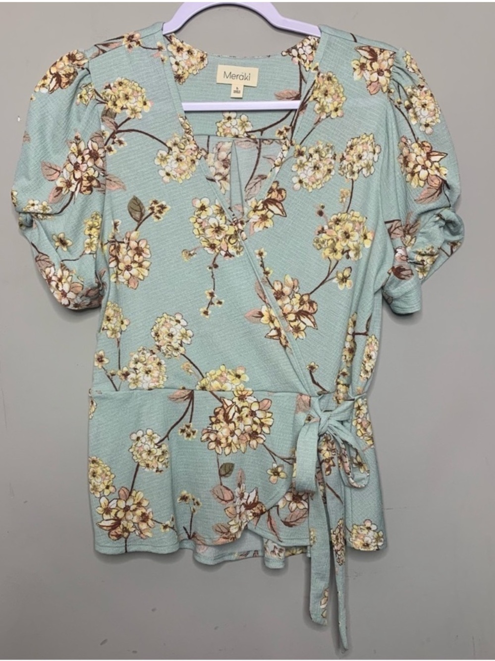 Meraki Large Blue Floral Wrap Tie Low Cut Peplum Babydoll Summer Blouse Top